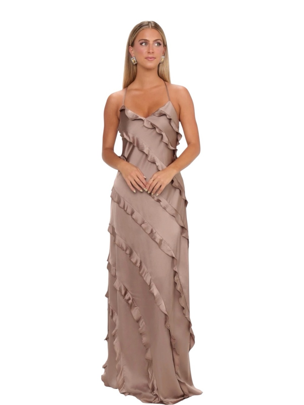 Show Me Your Mumu Romance Ruffle Maxi Dress Womens Medium Dune Luxe Satin Lined